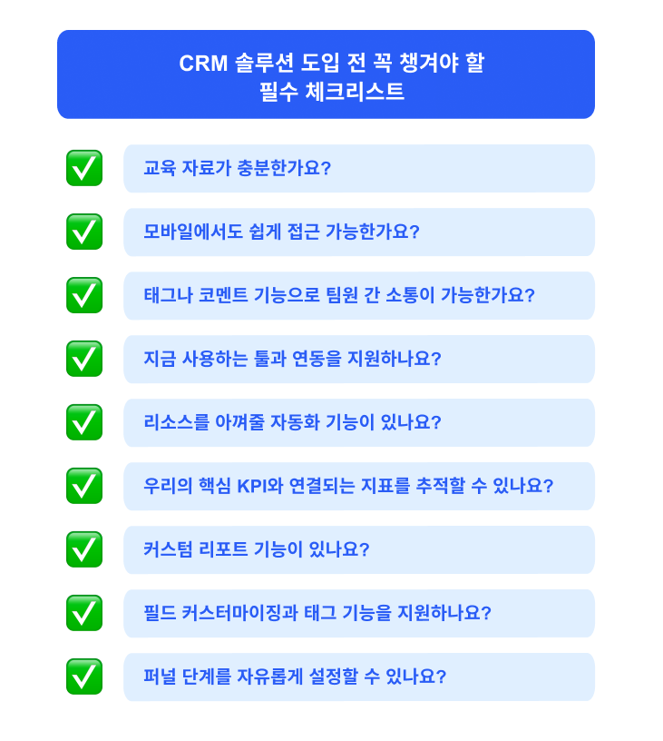 CRM 솔루션 도입 전 점검해야 할 체크리스트 화면 예시